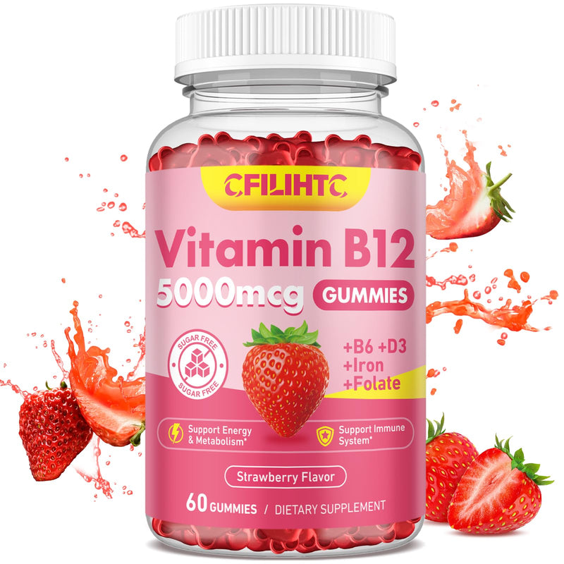Vitamin B12 Gummies for Women & Men, 5000mcg Methyl B12 Gummies with Vitamin B6, D3, Iron, Folate for Adults, Supports Energy & Metabolism Boost, Mood, Immune & Nervous System, Sugar Free Strawberry 60 Count (Pack of 1)