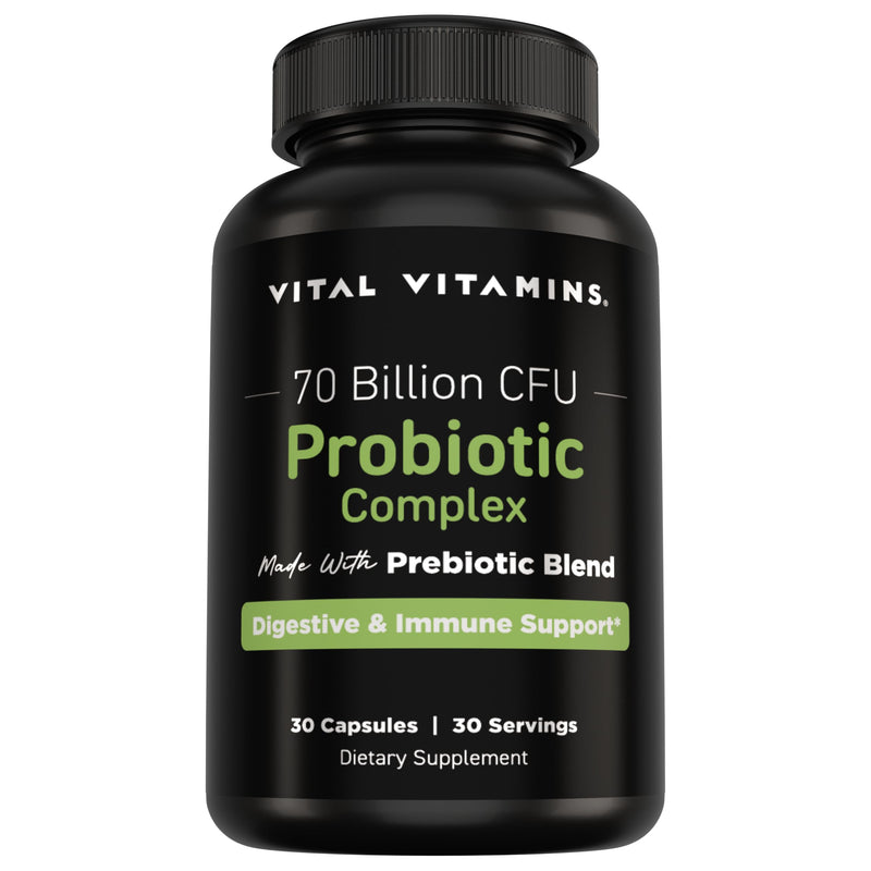 Vital Vitamins Probiotic Complex, 70 Billion CFU for Men & Women | 10-Probiotic Strain Blend with Prebiotic FOS, Supports Digestion & Immunity, Shelf-Stable, 30 Capsules 30 Count (Pack of 1)