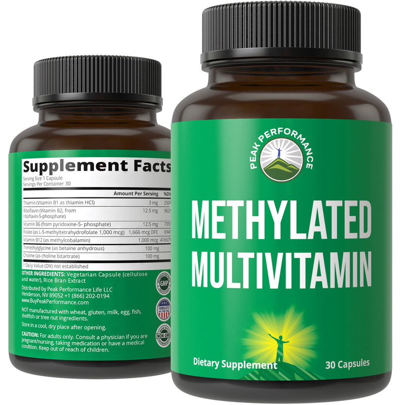 Peak Performance Methylated Multivitamin B Complex Capsules Supplement | Trimethylglycine (TMG), L Methylfolate, Methyl B12 + B1 + B2 + B6 Vitamins + Choline. MTHFR Vegan Supplement for Women & Men