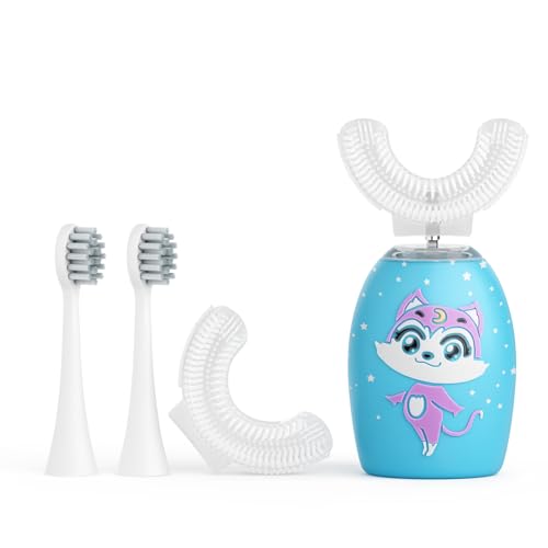 Kids U-Shaped Electric Toothbrush, Rechargeable Kids Toothbrush with 4 Brush Heads, 2 Cleaning Modes, Cartoon Cat Design, IPX7 Waterproof (Ages 2–12) Blue