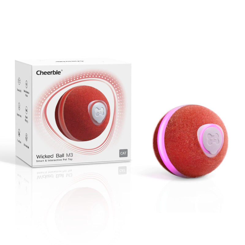 Cheerble 【2025 Upgrade】 Interactive Cat Ball Toy, Wicked Ball M3, Automatic Moving Ball Toy for Indoor Cat Kitten, Smart Anti-Depression Pet Toy Fun Gift with Light Red - BeesActive Australia