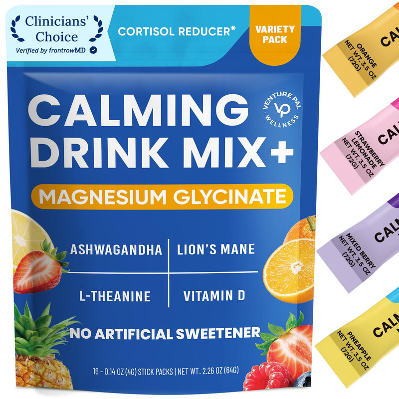 Venture Pal Calm Drink Mix, 12-in-1 Cortisol Reducer & Sleep Aid | Magnesium Glycinate, Ashwagandha, L-Theanine & Vitamin D, Calm Magnesium Powder for Relax & Focus, No Sugar, Non GMO 16 Ounce (Pack of 1) 1-Variety