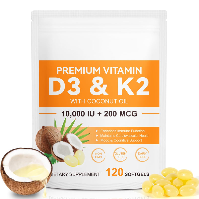 flasture Vitamin D3 K2 Supplement Softgels, 10000 IU VIT D3 + 200 MCG K2 (MK-7) | 2-in-1 Replenish Formula with Coconut Oil, Supports in Calcium Absorption, Easy to Swallow 120 Capsules. 1 Count (Pack of 120)
