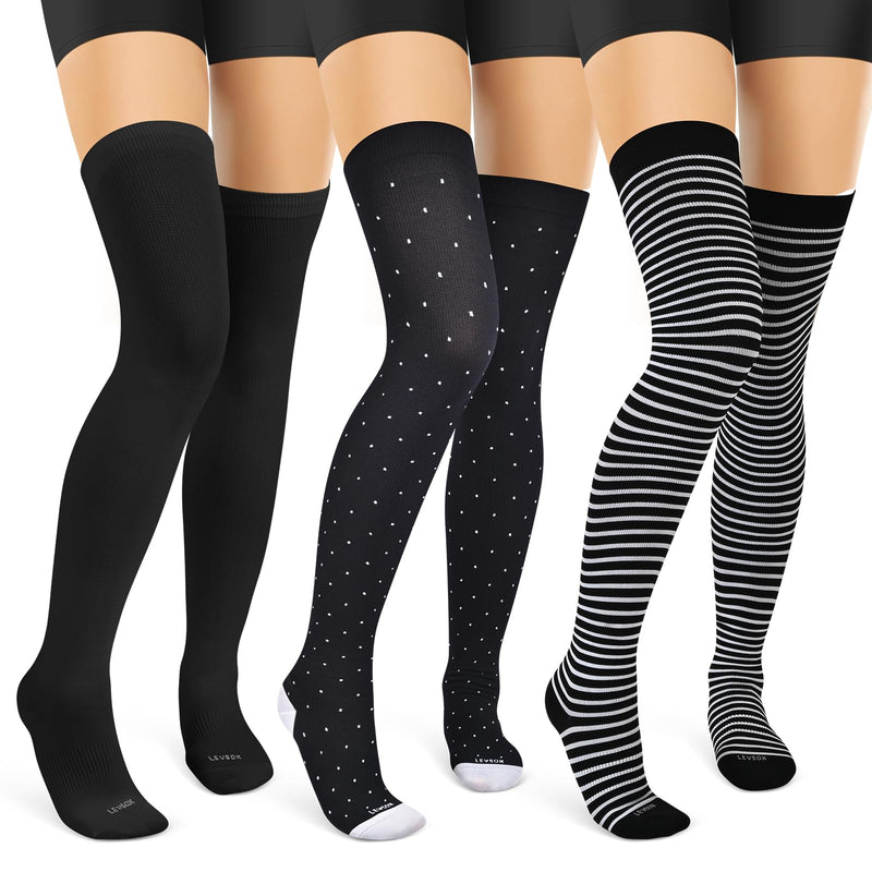 LEVSOX Thigh High Compression Socks for Women 15-20 mmHg Over the Knee Compression Stockings for Men 3 Pair 3 Pairs-black/Stripe/Polkadots Medium