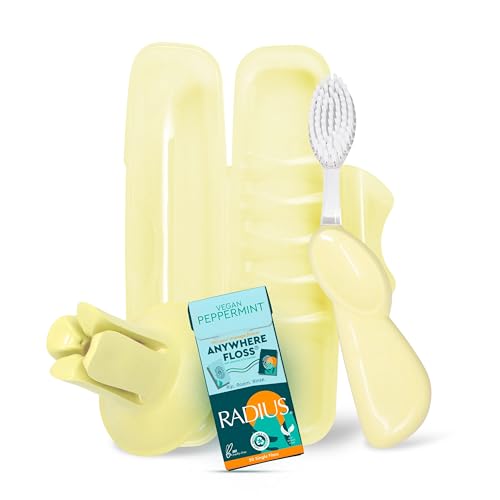 RADIUS Vacation Pastel Bundle, Includes Right Handed Big Brush, Toothbrush Travel Case, DOC Toothbrush Holder, Anywhere Travel Floss Packette, Lemon Meringue Yellow, 4 Piece Bundle Right Hand