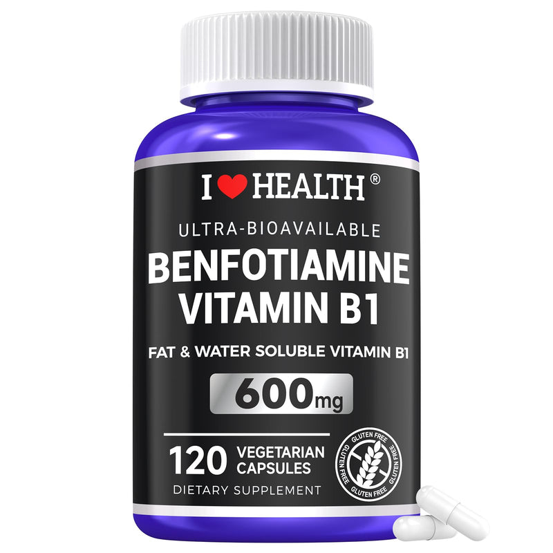 Benfotiamine 600mg Plus 20mg Vitamin B1 | 120 Veggie Capsules | Made in USA | 3rd Party Tested | Fat Soluble Essential Vitamin B1 Thiamine Supplement | Non-GMO | Gluten Free-Vegetarian Friendly Benfotiamine 600mg + 20mg Vitamin B1