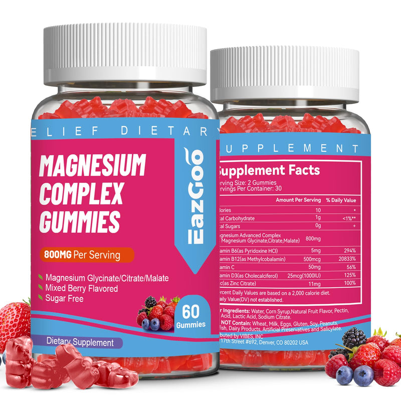 Magnesium Gummies 800mg for Women Men with Vitamin D3, C, B6, B12 & Zinc | 3 Forms of Magnesium (Citrate, Glycinate, Malate), Magnesium Complex Gummies for Muscle, Mood & Energy, Vegan 120 Counts 60 Count (Pack of 2)