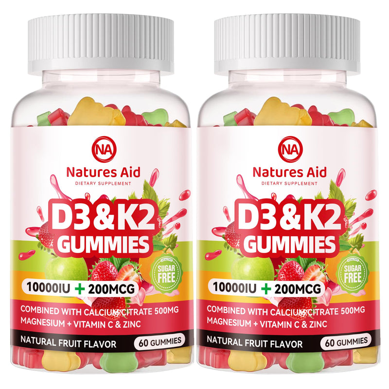 Natures aid Sugar-Free Vitamin D3 K2 Gummies with Calcium + K2 (MK-7), Magnesium Citrate, Vitamin C, Extra Strength - Ultimate Absorption for Bone Muscle Teeth Immune, Vegan - 120 Gummies 120 Count (Pack of 1)