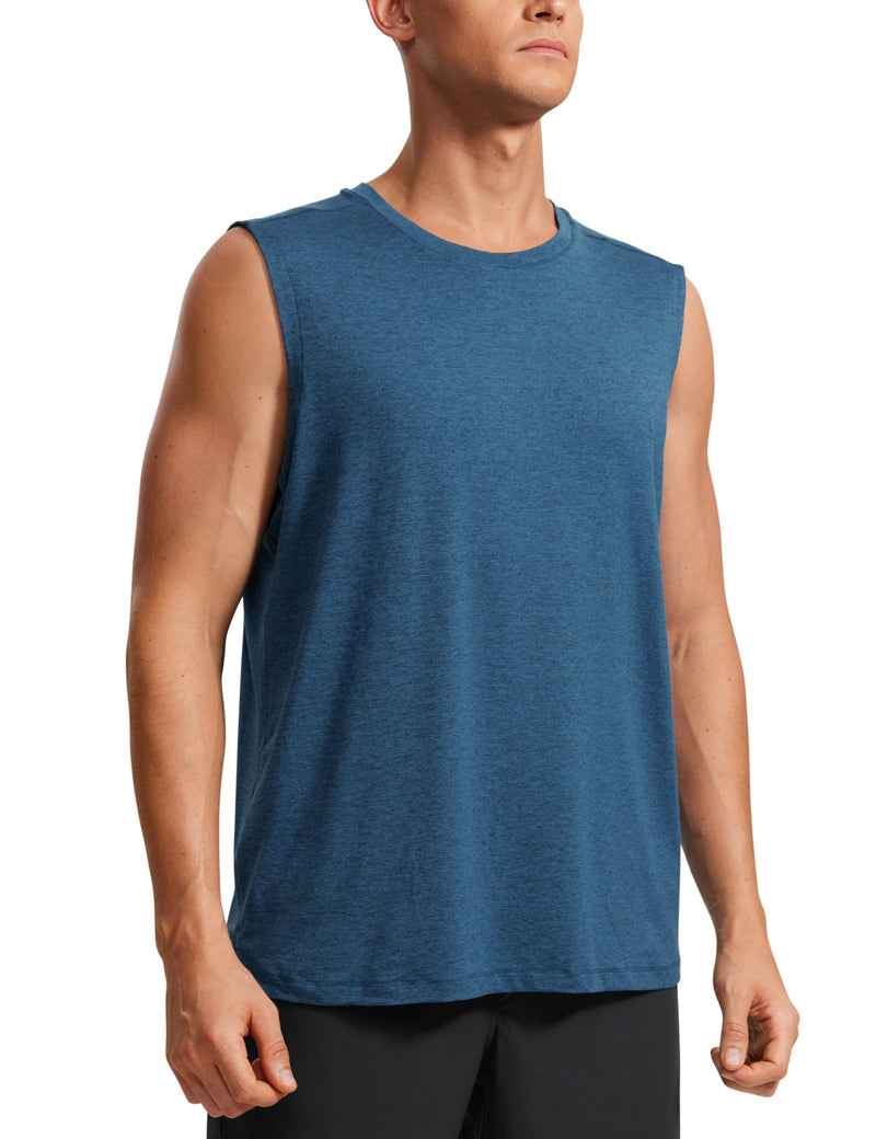 CRZ YOGA Men's Workout Sleeveless Shirt Quick Dry Stretchy Swim T-Shirts Athletic Gym Running Beach Tank Top Medium Night Blue Heather - BeesActive Australia