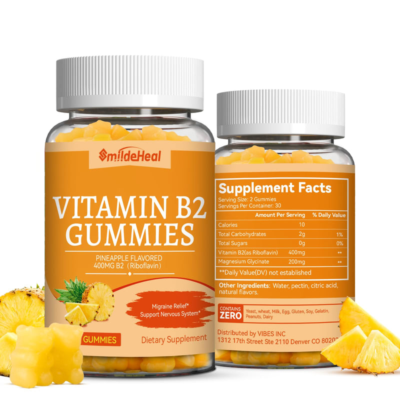 Vitamin B2 Gummies - Riboflavin 400mg with Magnesium for Adults -120 Gummy | B2 Gummies for Migraine Relief* & Nervous System Support* - Vegan Chewable Gummies (60 Day Supply) 60 Count (Pack of 2)