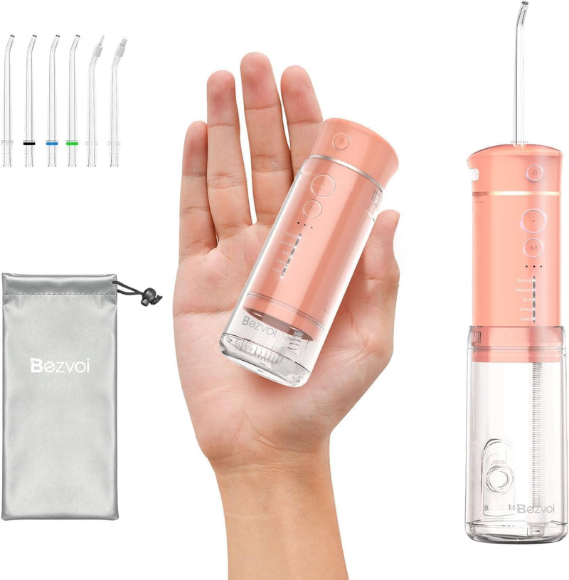 Water Flosser Mini Cordless Portable: 5 Modes Travel Water Dental Floss with Telescopic Water Tank, IPX7 Waterproof Oral Irrigator for Teeth Cleaning Gums,Orthodontic,Braces Dental Care (Peach Fuzz) Peach Fuzz