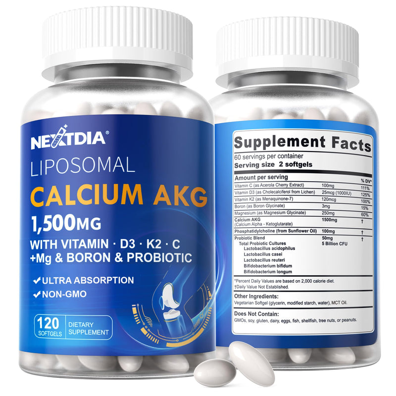 Liposomal Calcium AKG Supplement 1500mg with Vitamin D3 K2, 240 Softgels | Calcium Supplement for Women & Men with Magnesium Glycinate, Boron, Probiotics & Vitamin C for Bone Strength & Energy - 2Pack 120 Count (Pack of 2)