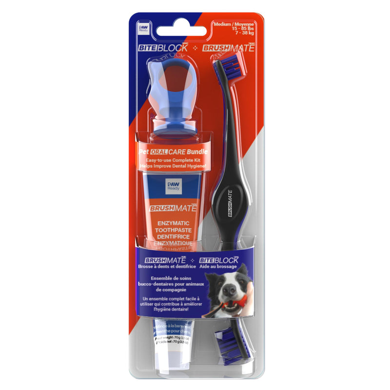 Doggy Breath to Doggy Fresh Dog Dental Care Kit Includes Enzymatic Toothpaste, Dual Brush Head Toothbrush with Angled Bristles and Blue Bite Block to Gently Keep Pets Jaw Open (Blue, Medium) - PawsPlanet Australia