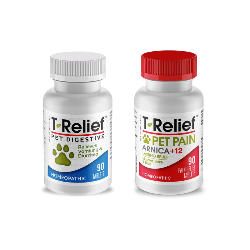 MediNatura T-Relief Pet Digestive Complete GI Relief 90ct and Pet Pain Relief 90ct for Dogs & Cats Bundle