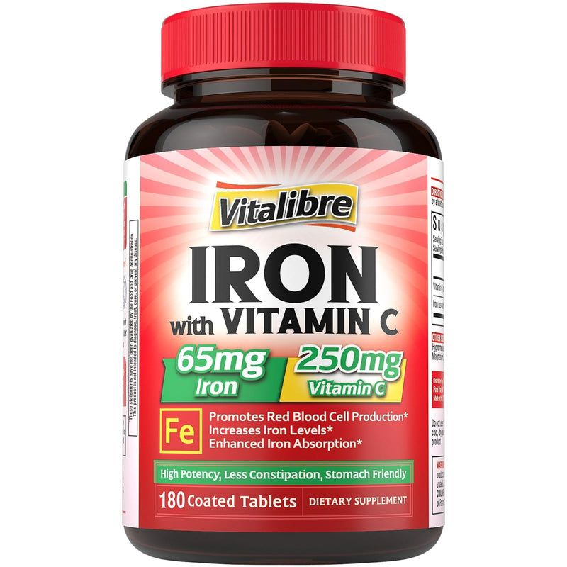 Iron Supplement, 65mg Carbonyl Iron with 250mg Vitamin C, Stomach Friendly | Iron Pills for Blood Building Women & Men, High Absorption, No Nausea, No Constipation, Non-GMO, No Gluten, 180 Vegan Tabs 180 Count (Pack of 1)