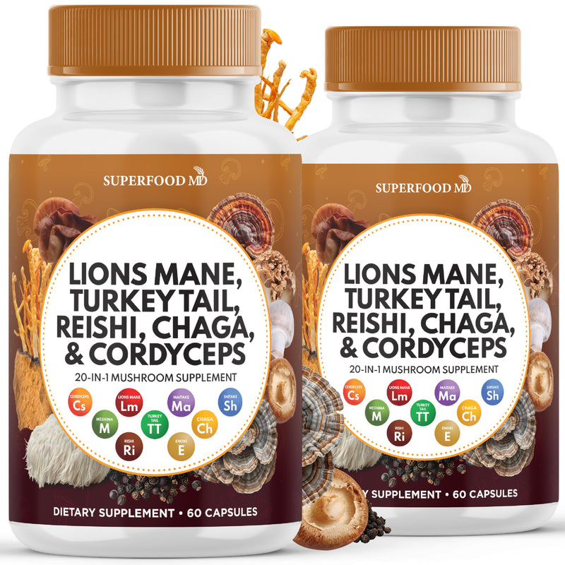 Lions Mane Mushroom Supplement with Turkey Tail Reishi Cordyceps Chaga with Marshmallow Root - 120 Count 120 Capsules (Pack of 2)