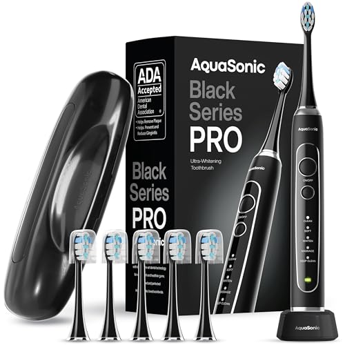 Aquasonic Black Series PRO – Ultra-Whitening Electric Toothbrush – 5 Modes & Smart Timers – Premium Travel Case & 6 Proflex Brush Heads – ADA Accepted Toothbrush 1 Count (Pack of 1)