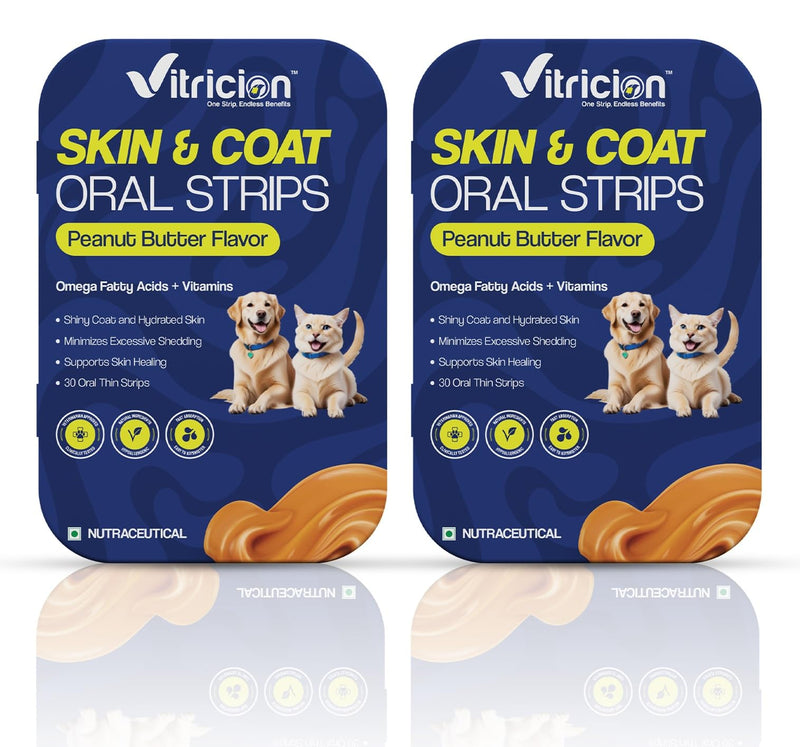 Pet Skin & Coat Oral Strips for Dogs & Cats – 60 Strips, Omega-3, Biotin, Folic Acid, Vitamin A & E – Shedding & Itching Supplement – Fast-Dissolving Oral Strips – Peanut Butter Flavor Pack of 2 (60 Count)