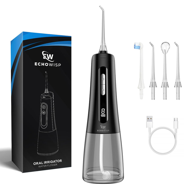 Rechargeable Water Flosser for Teeth, 300ML Oral Irrigator with 4 Nozzles, 2000mAh Battery, IPX7 Waterproof, 360° Rotating, USB Charging, Portable Cordless Dental Cleaner for Braces & Gum Care Black/Clear/Gray