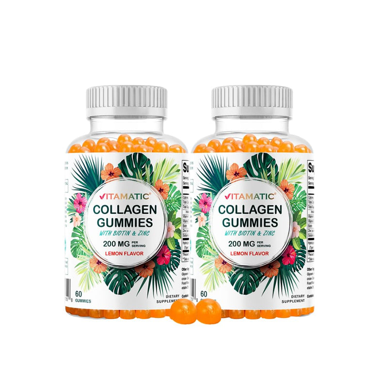 Vitamatic 2 Packs Hydrolyzed Collagen Gummies with Vitamin C, Zinc and Biotin, 200 mg - 60 Gummies (Total 120 Count)