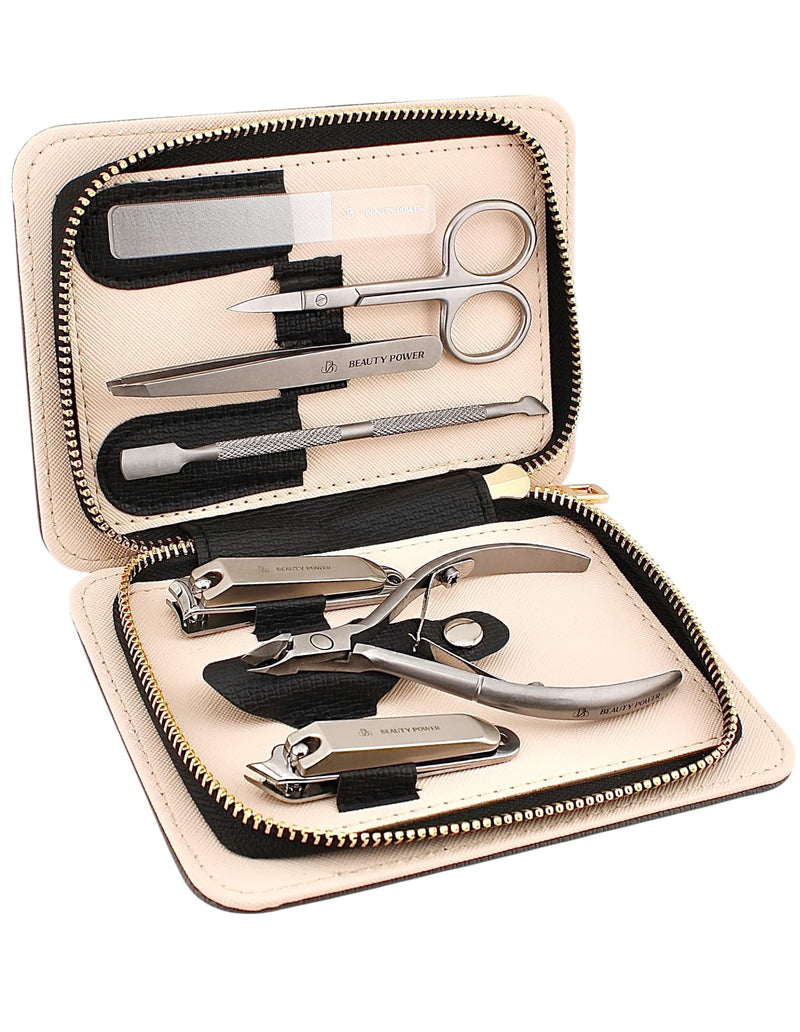 Beauty Power Manicure Pedicure Set 7-in-1 Stainless Steel, Ultra Sharp, Slanted Nail Clipper, Fingernail Clipper, Cuticle Nipper, Glass Nail File, Eyebrow Tweezers, Scissors, Case - Gift Idea - Gray Matte Gray