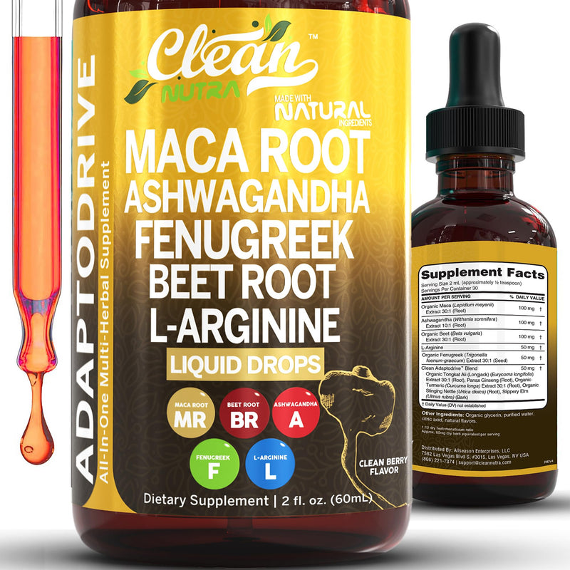 Clean Nutra Organic Maca Root Liquid Drops with Ashwagandha, Fenugreek, Beet Root and L-Arginine Liquid Multivitamin for Women and Men - Adapto Drive 1