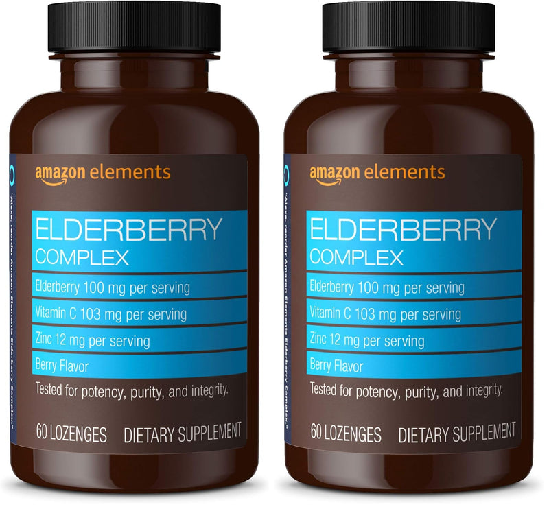 Amazon Elements Elderberry Complex, Immune System Support, 60 Berry Flavored Lozenges, Elderberry 100mg, Vitamin C 103mg, Zinc 12mg per Serving (Packaging May Vary) (Pack of 2) 60 Count (Pack of 2)