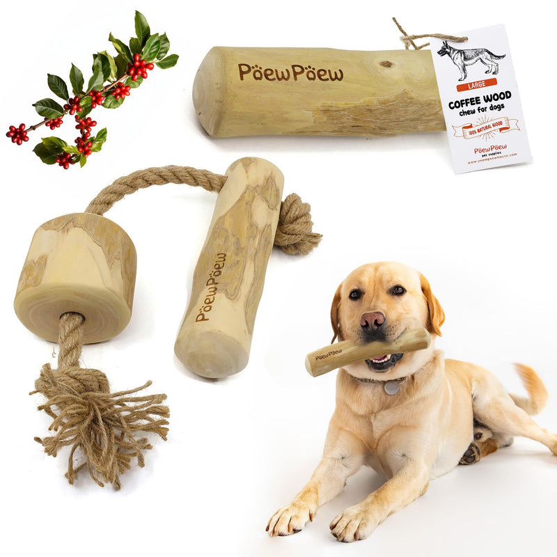 Coffee Wood Dog Chew Stick and Rope for Regular Chewers, 2 Pack Size Large - 100% Natural Dog Toys - Dog Teeth Cleaning & Relieve Stress, Organic Toys - BeesActive Australia