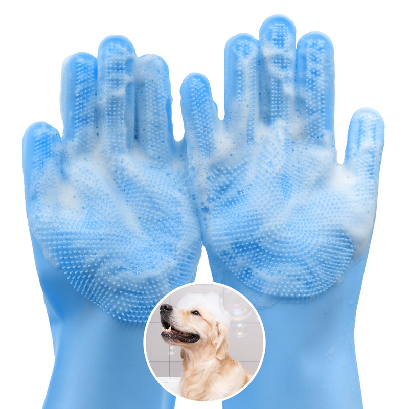 Pet Grooming Gloves—Heat Resistant Dog Washing Gloves with High-Density Teeth, Dog Bath Scrubber with Enhanced Five Finger Design, Silicone Gloves for Dogs and Cats Bathing, Massage (Blue) one size Blue - BeesActive Australia