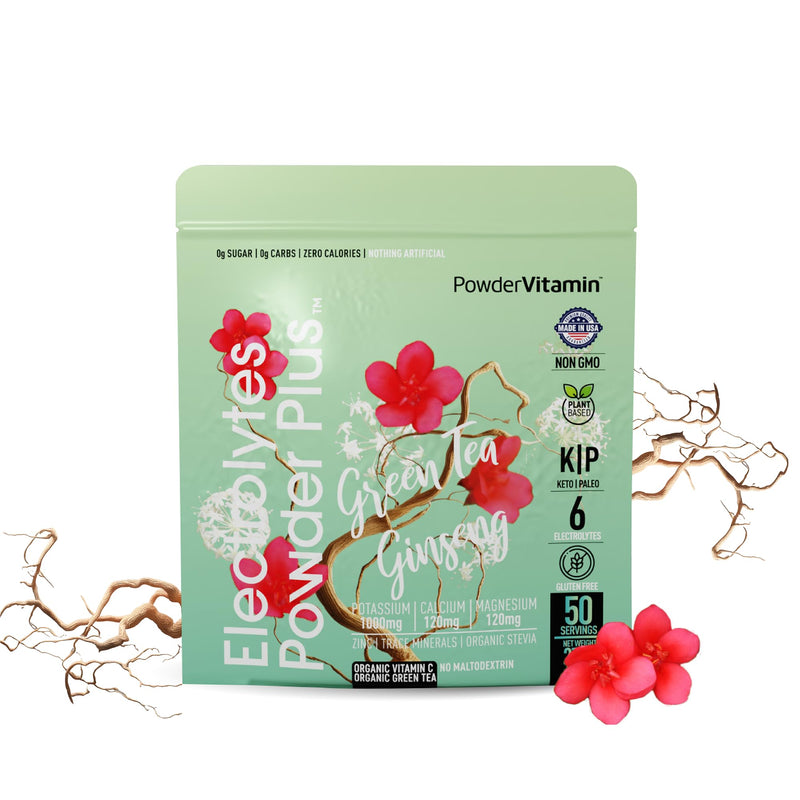 PowderVitamin Electrolytes Powder Plus - 50 Servings - Green Tea Ginseng | Sugar-Free Hydration Powder, 1000mg Potassium, 120mg Magnesium, 120 mg Calcium, Himalayan Salt, Vitamin C & Zinc, USA Made