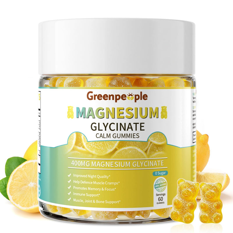 GREENPEOPLE Magnesium Glycinate Gummies 400mg - Lemon, 60ct 2 Pack | Chelated Sugar Free,High Absorption Supplement with Magnesium Citrate,Vitamin D & B6 Calm,Sleep & Stress Support for Adults 60 Count (Pack of 2)