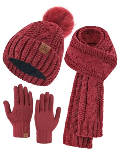 Hat Scarf And Gloves Set For Women, Womens Beanie Hats Thermal Touchscreen Gloves Scarf Scarves, Winter Accessories Sets Burgundy