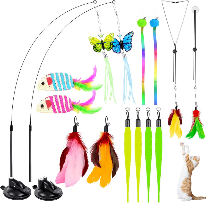 HONGDDY Cat Toys, 14Pcs 4 in 1 Indoor Adult Cat Interactive Toys, Hanging Door Kitten Wand Toys with Suction Cup Removable Feathers Balls Mice Butterfly Streamers 14 Pcs Cat Toys - BeesActive Australia