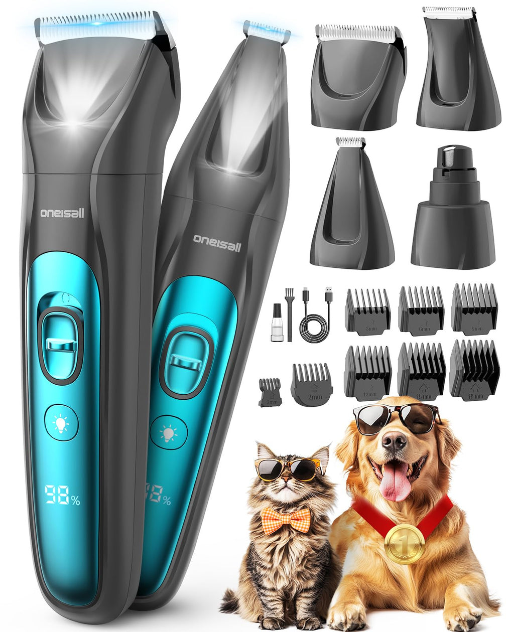 oneisall Dog Grooming Kit Dog Clippers for Grooming, Cordless Dog Paw Trimmer Dog Nail Grinder with LED Light Rechargeable 2000mAh Dog Grooming Clippers Low Noise Dog Hair Trimmer for Dogs, Cats, Pets