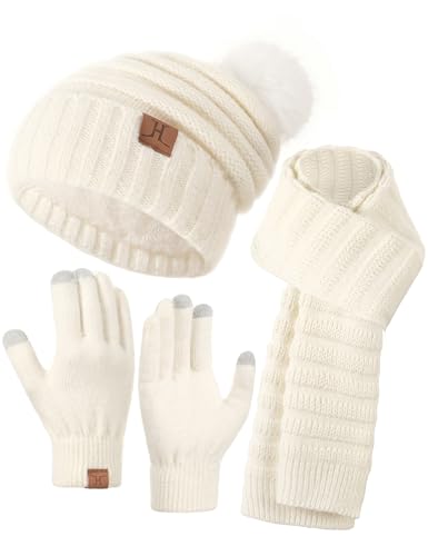 Hat Gloves Scarf Set For Women, Womens Winter Hats Fleece Lined Slouchy Beanie With Pom Scarf Thermal TouchScreen Gloves Sets Ivory