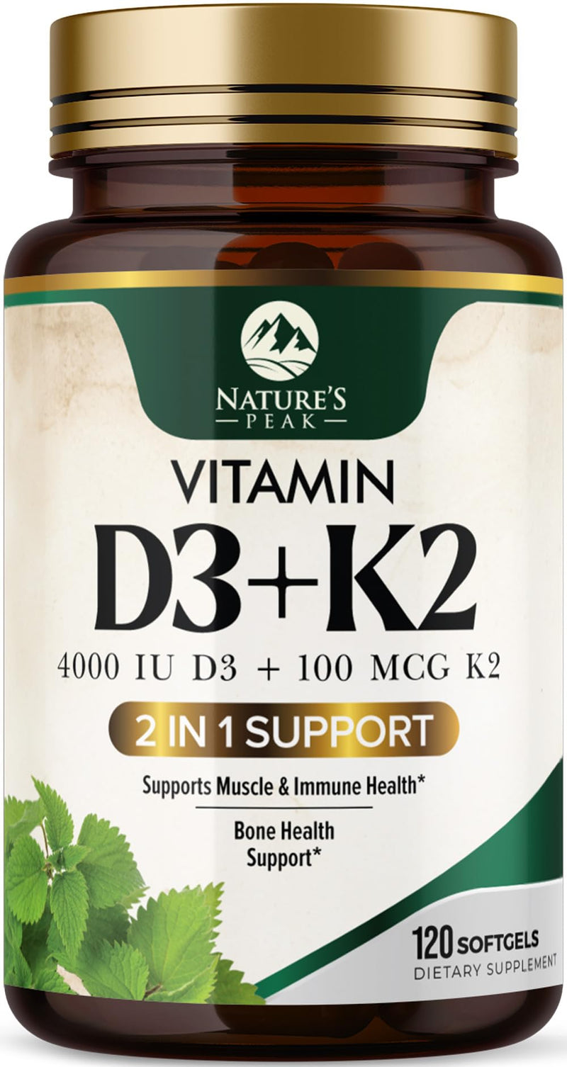 Vitamin D3 K2 - High Potency Vitamin D3 + K2 - 2-in-1 Complex Vitamin D & K2 (MK7) Supplement - Gluten Free - Bone & Immune Support - Vitamin D3 4000 IU Per Softgel - Bottled in the USA - 120 Softgels 120 Count (Pack of 1)
