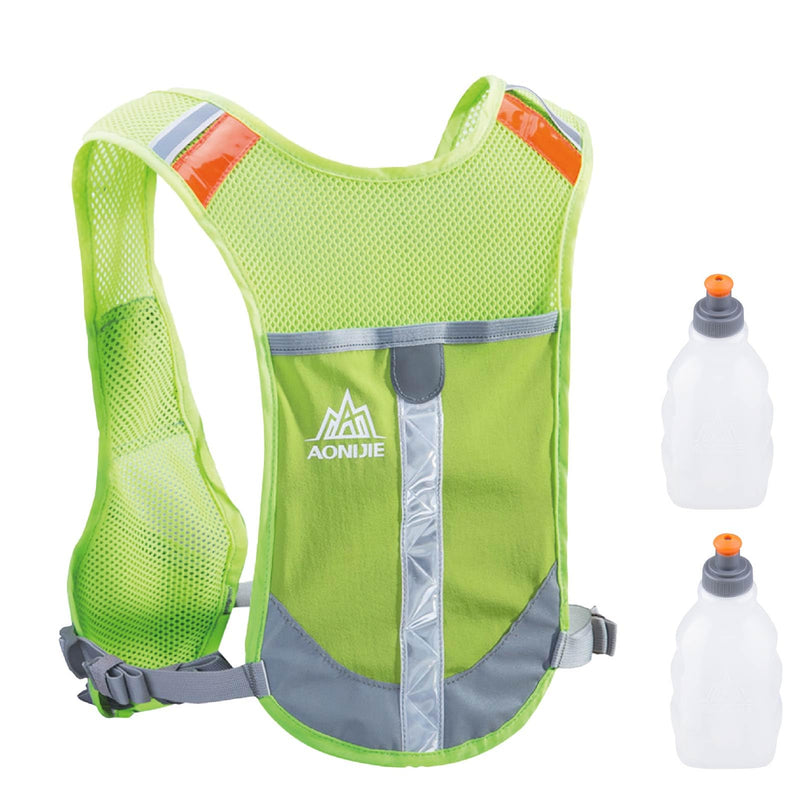 YAPJEB Ultralight Running Vest Women Men Reflective Breathable Hydration Backpack with Water Bottles for Hiking Camping Marathon Cycling Race 02-Green + 2 pcs Water Bottles