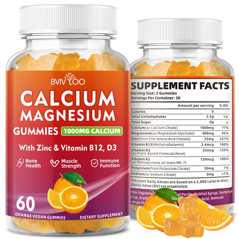 Calcium Gummies 1000mg with Vitamin D3 K2 & B Complex, Potassium, Calcium Magnesium Zinc Gummies for Bone, Muscle, Mood and Immunity - Orange Flavor 60 Gummies 1 Pack