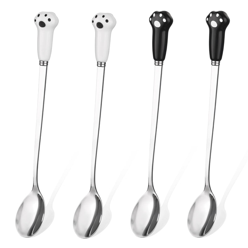 4 PCS Dog Food Scoop Cute Pet Can Spoon Stainless Steel Wet Cat Food Storage Long Handle Claw Ladle Portable Small Feeder Scoop for Dog Cat Feed Canned (White Black) - BeesActive Australia