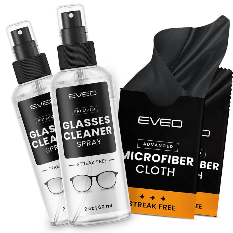 EVEO Glasses Cleaner Spray - Eyeglass Cleaner (No Streaks)| x2 Eye Glass Cleaners Spray + x2 Lens Cleaner Microfiber Cleaning Cloth, Glasses Cleaning Kit Eye Glasses Cleaner Spray & Cloth - 4oz(2ozx2) 2 Fl Oz (Pack of 2) - BeesActive Australia
