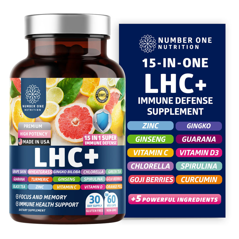 N1N LHC+ 15-in-1 Immune Support Supplement with Spirulina, Turmeric, Ginseng, Guarana, Vitamin D and Vitamin C for Immunity, Energy and Long-Haul Relief, 60 Veg Caps, Bottle Color May Vary