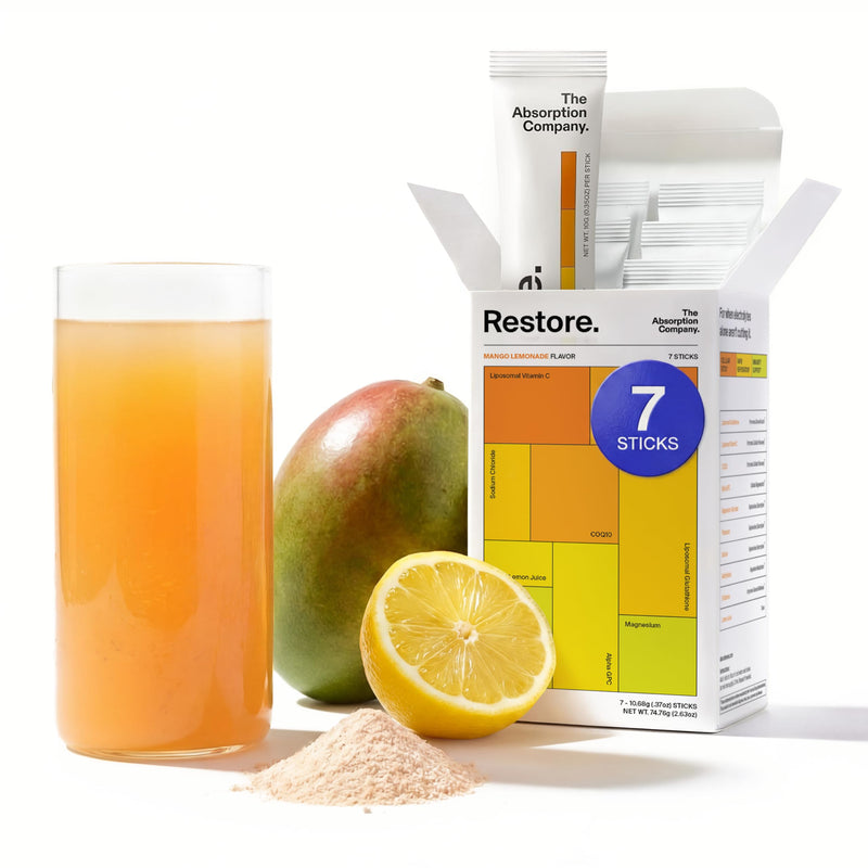 The Absorption Company Restore - Electrolyte Powder Hydration Packets - 7PK | Instant Energy Workout Recovery Packets, Liposomal Glutathione, Vegan Drink Supplement for Muscle Support, Mango Lemonade 7 Pack