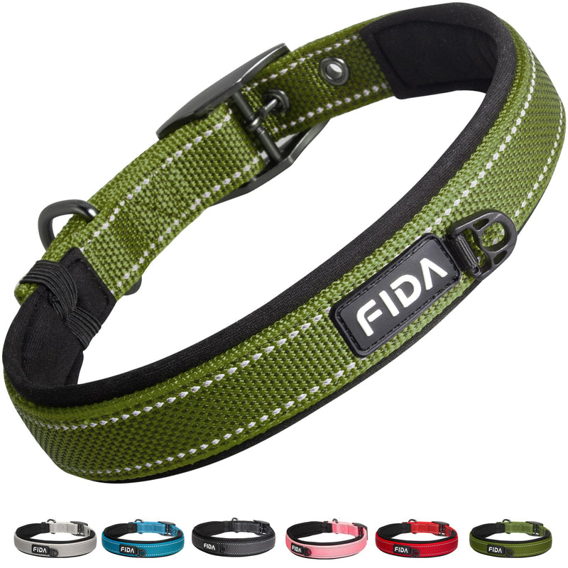Fida Heavy Duty Dog Collar for Medium Dogs, Ultra Comfortable Soft Neoprene Padded, Adjustable Reflective Nylon Pet Collar with Durable Metal Belt Buckle for Medium Breeds (M, Green) Medium(14.5"-19") Military Green - BeesActive Australia