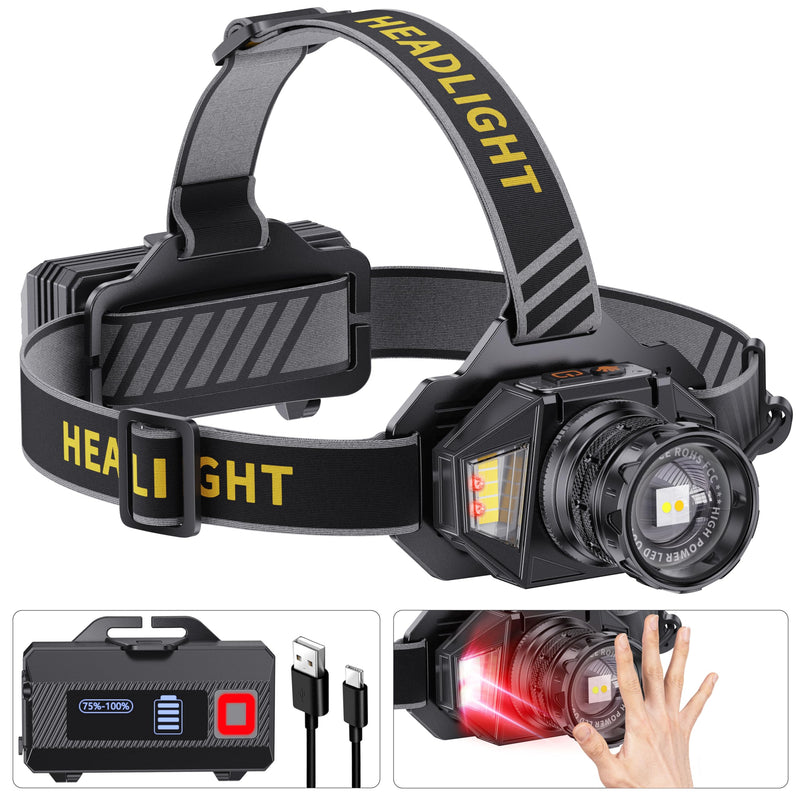 LED Headlamp Rechargeable，4000 Super Bright Head Lamp with 12 Modes & 90H Long Battery Life & Motion Sensor & IPX7 Waterproof,90° Adjustable Headlight for Outdoor Camping, Cycling, Hiking