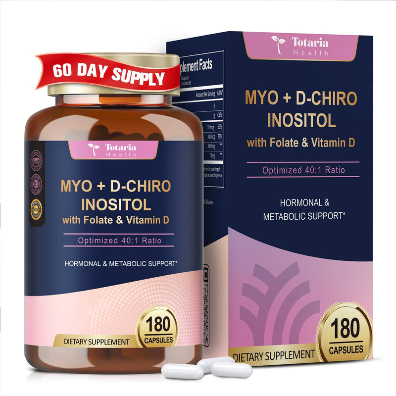 Totaria Inositol Supplement for Women with Vitamin D3, Folate, 40:1 Ratio Myo-Inositol & D-Chiro Inositol Complex, (Vitamin B8) Inositol Capsules, 180 Capsules, 60 Servings, 2 Month Supply 180 Count (Pack of 1)