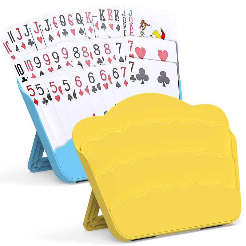 Playing Cards Holders Stands Decks w/Foldable Tabletop Stand, 3 Layers Design for Poker UNO Cards, Playing Card Accessories, Set of 2 (1 Blue + 1 Yellow) 1 Blue + 1 Yellow - BeesActive Australia