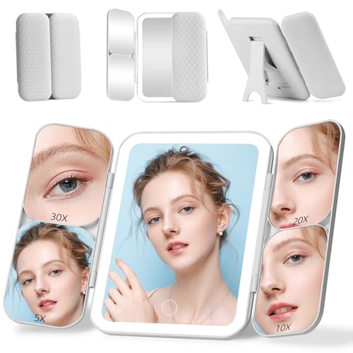 Tri-fold Vanity Mirror with Light,1X/5X/10X/20X/30X Makeup Magnifying Mirror with Lights,Rechargeable Travel Makeup Mirror with Foldable Stand,Dimmable in 3 Colors,Touch Control White