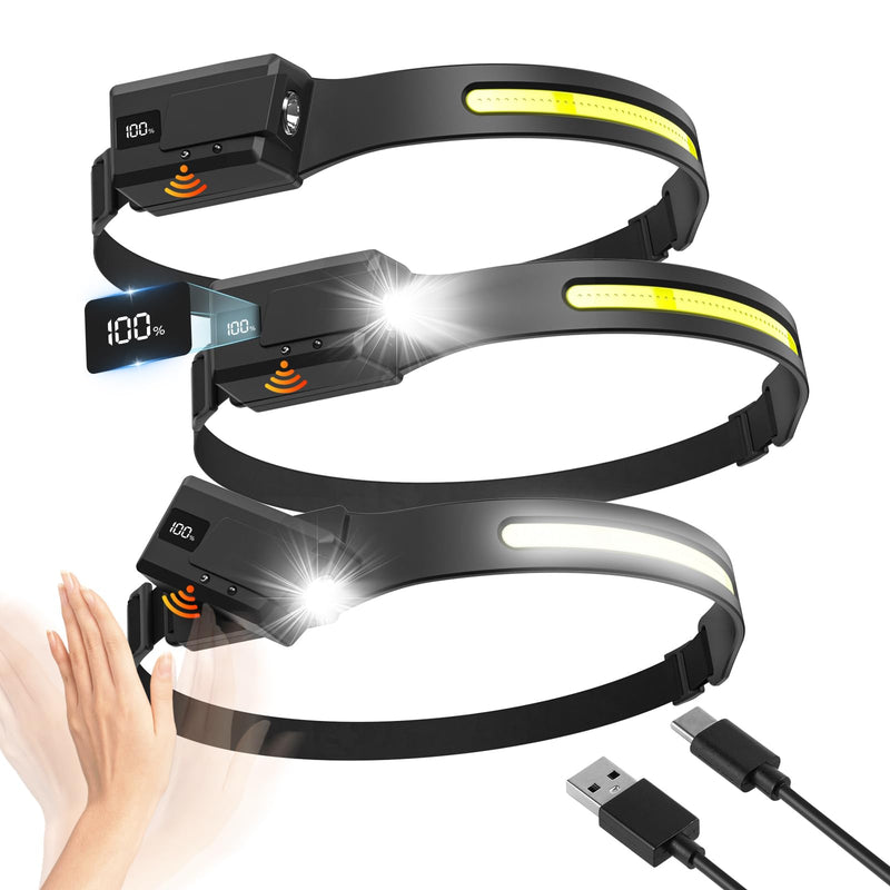 3Pcs Rechargeable Headlamp with Adjustable & Removable Spotlight, LED Waterproof Headlight, Headband Light, Motion Sensor Hands-Free,Head lamp Band, Super Bright, 6 Modes for Running,Fishing,Hiking Black 3Pack