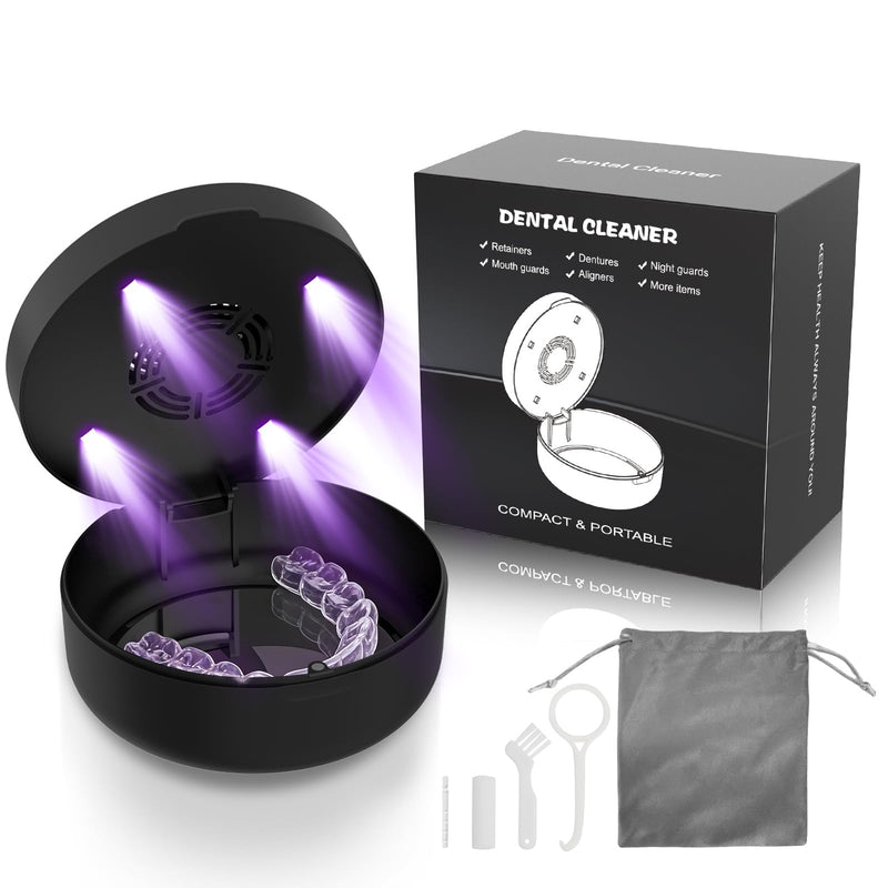Voraiya UV Retainer Case with Fan, UVC Retainer Cleaner, Aligner Case Includes Vent Holes and Mirror, Portable Retainer Holder Box for Mouth Guard, Aligners, Night Guard, Black