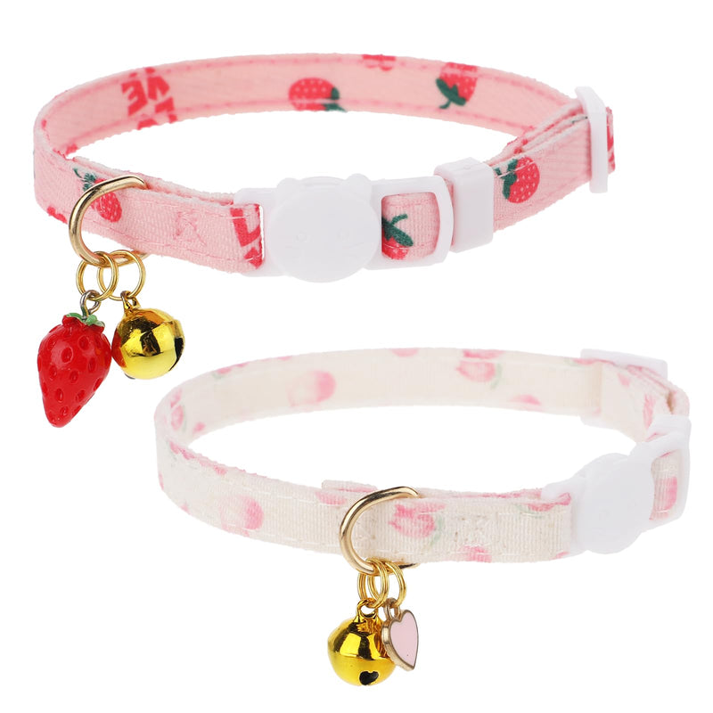 2 Pcs Cotton Breakaway Cat Collar, Safety Adjustable Cat Collars Set Strawberries and Heart Shaped Pendant Kitten Collar Cute Cat Collar with Bell - BeesActive Australia